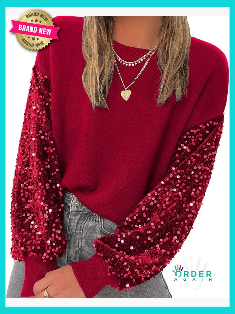 Crewneck Sequin Pullover Sweater Sparkle Shimmer Long Sleeve Patchwork